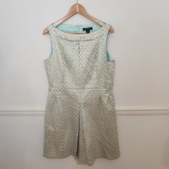Lauren Ralph Lauren Dress Sz 16 Womens Blue Gold Brocade Metallic Party Cocktail - Picture 1 of 10